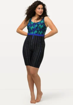 Ulla Popken Pixel-Blütenohne SoftcupsHalblanges BeinCostume Da BagnoDunkles Azurblau Donna Moda Mare UP181G0G0-K11