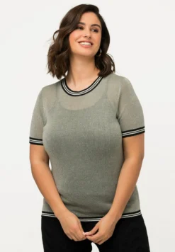 Ulla Popken Metallic-Effekt Streifen Rundhals HalbarmT-Shirt BasicGrau Melange Donna T-shirt E Top UP121D2FH-C11
