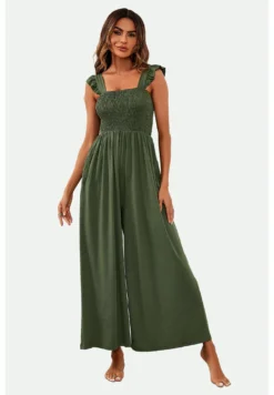 Stretchy Smocked Wide Leg Tuta JumpsuitOlive Green Donna Tute Jumpsuit FS621T00Q-N11