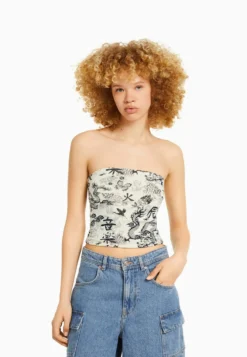BERSHKA PrintedBandeau TopBeige Donna T-shirt E Top BEJ21E0UV-B11